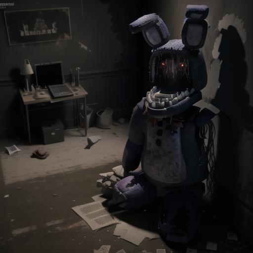 02245-1285442537-withBonnie, a character from the game Five Nights at Freddy's, is depicted inside an abandoned building. They are sitting on the.png